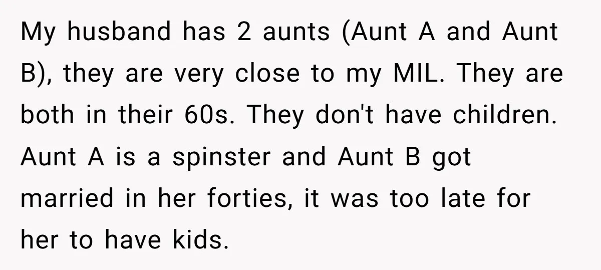 My husband has 2 aunts (Aunt A and Aunt B), they are very close to my MIL. They are both in their 60s. They don't have children. Aunt A is...
