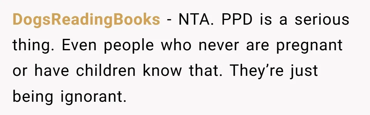 DogsReadingBooks − NTA. PPD is a serious thing. Even people who never are pregnant or have children know that. They’re just being ignorant.