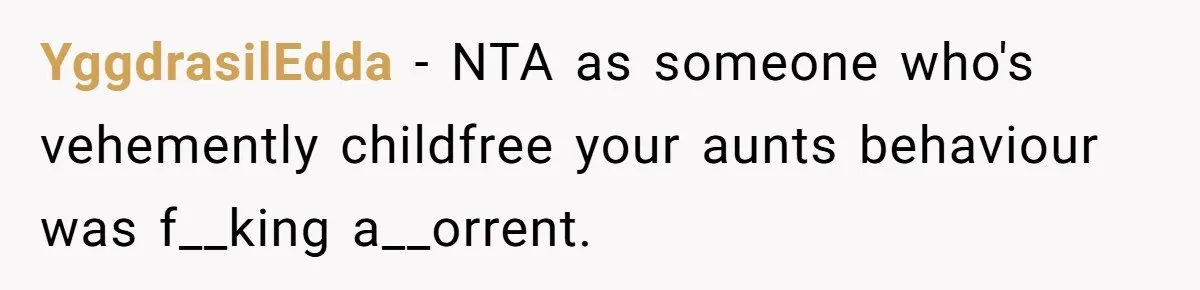 YggdrasilEdda − NTA as someone who's vehemently childfree your aunts behaviour was f__king a__orrent.