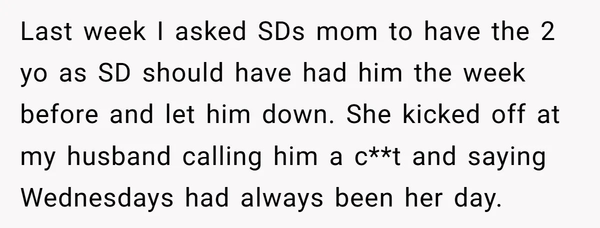 Last week I asked SDs mom to have the 2 yo as SD should have had him the week before and let him down. She kicked off at my husband...