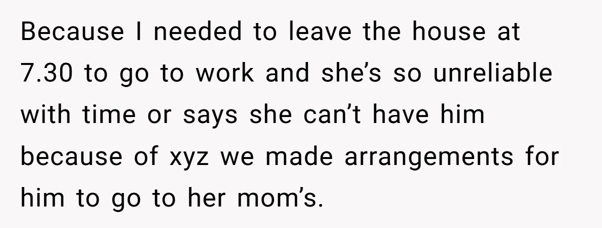 Because I needed to leave the house at 7.30 to go to work and she’s so unreliable with time or says she can’t have him because of xyz we made...