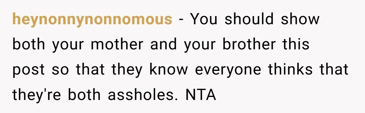 heynonnynonnomous − You should show both your mother and your brother this post so that they know everyone thinks that they're both assholes. NTA
