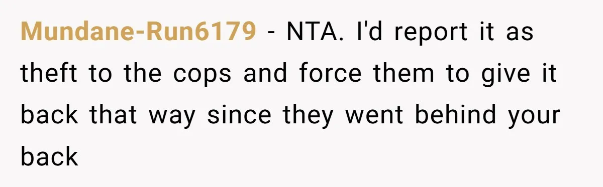 Mundane-Run6179 − NTA. I'd report it as theft to the cops and force them to give it back that way since they went behind your back