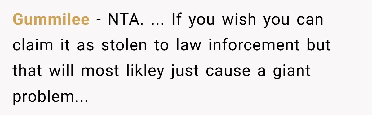 Gummilee − NTA. ... If you wish you can claim it as stolen to law inforcement but that will most likley just cause a giant problem...
