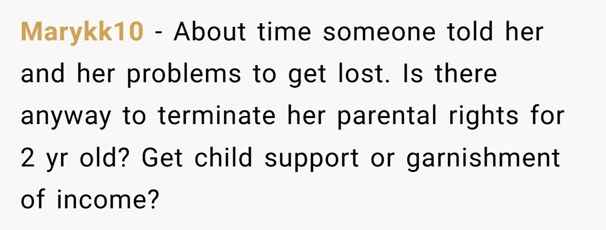 Marykk10 − About time someone told her and her problems to get lost. Is there anyway to terminate her parental rights for 2 yr old? Get child support or garnishment...