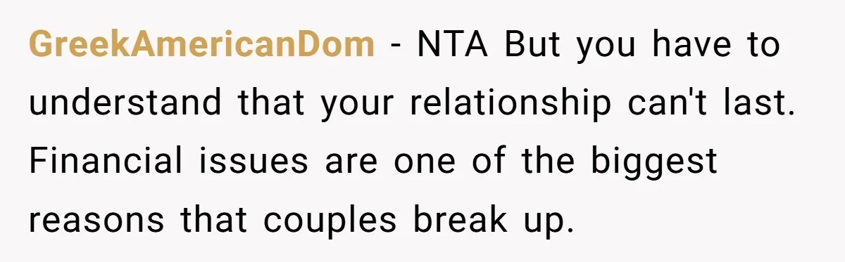 GreekAmericanDom − NTA But you have to understand that your relationship can't last. Financial issues are one of the biggest reasons that couples break up.