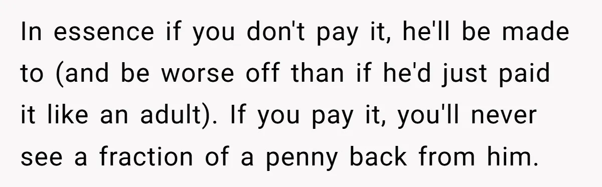 In essence if you don't pay it, he'll be made to (and be worse off than if he'd just paid it like an adult). If you pay it, you'll never...