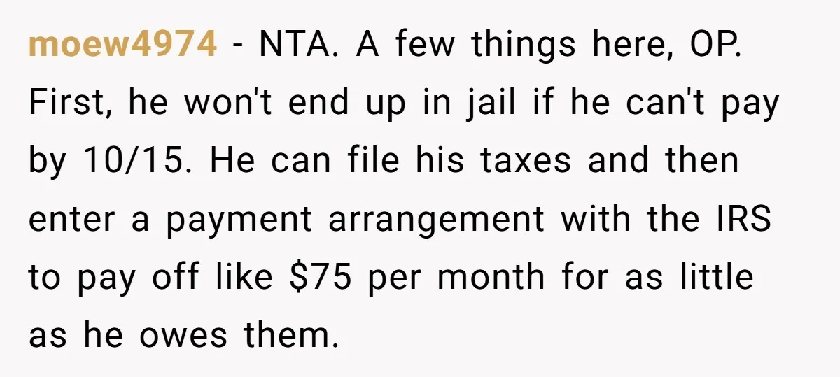 moew4974 − NTA. A few things here, OP. First, he won't end up in jail if he can't pay by 10/15. He can file his taxes and then enter a...