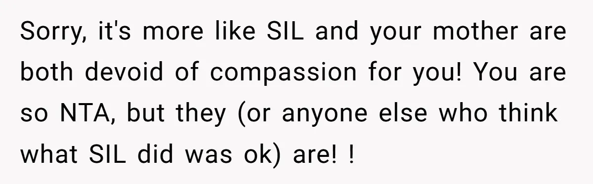 Sorry, it's more like SIL and your mother are both devoid of compassion for you! You are so NTA, but they (or anyone else who think what SIL did was...