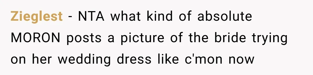Zieglest − NTA what kind of absolute MORON posts a picture of the bride trying on her wedding dress like c'mon now