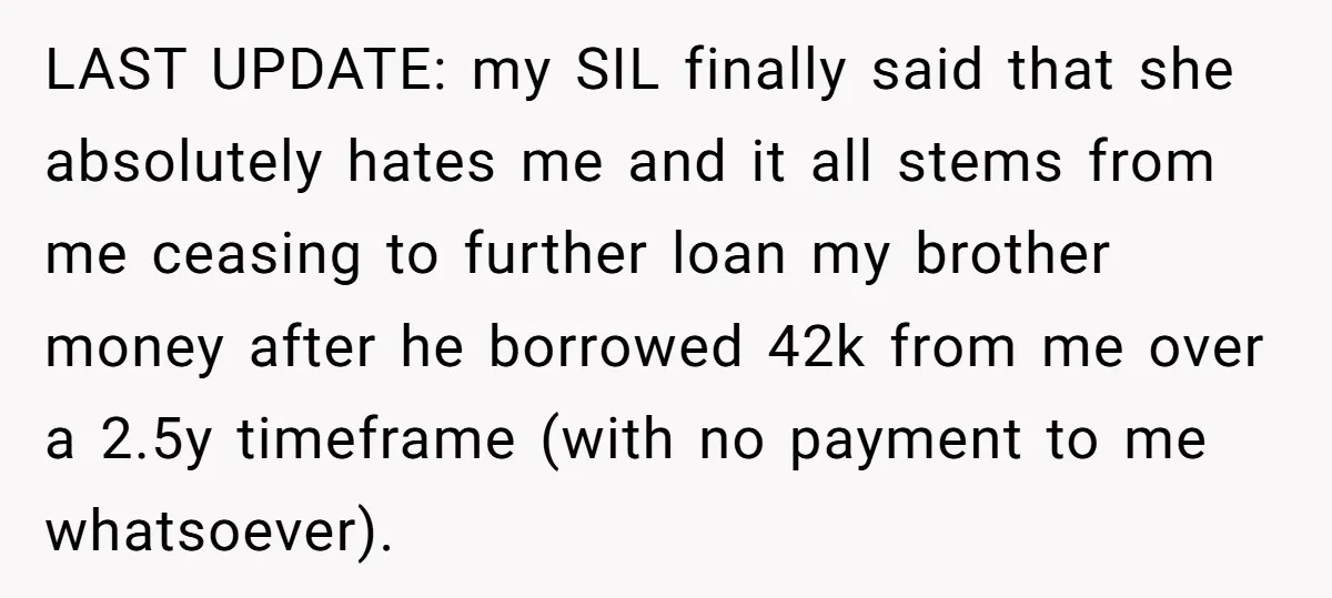 LAST UPDATE: my SIL finally said that she absolutely hates me and it all stems from me ceasing to further loan my brother money after he borrowed 42k from me...