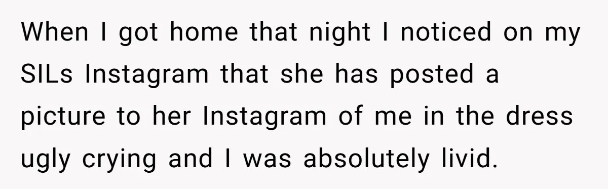 When I got home that night I noticed on my SILs Instagram that she has posted a picture to her Instagram of me in the dress ugly crying and I...