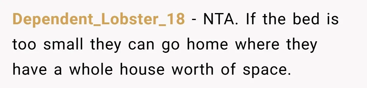 Dependent_Lobster_18 − NTA. If the bed is too small they can go home where they have a whole house worth of space.