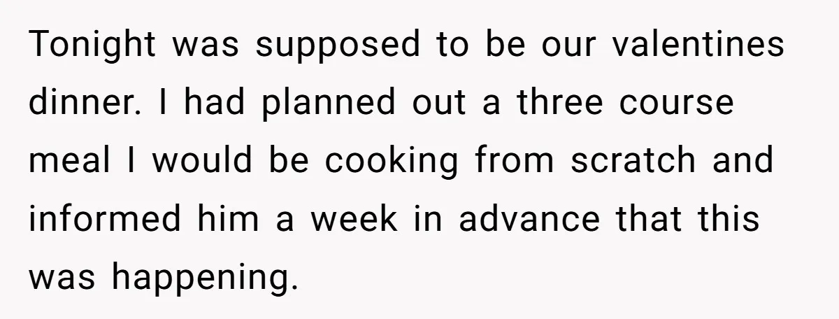 Tonight was supposed to be our valentines dinner. I had planned out a three course meal I would be cooking from scratch and informed him a week in advance that...