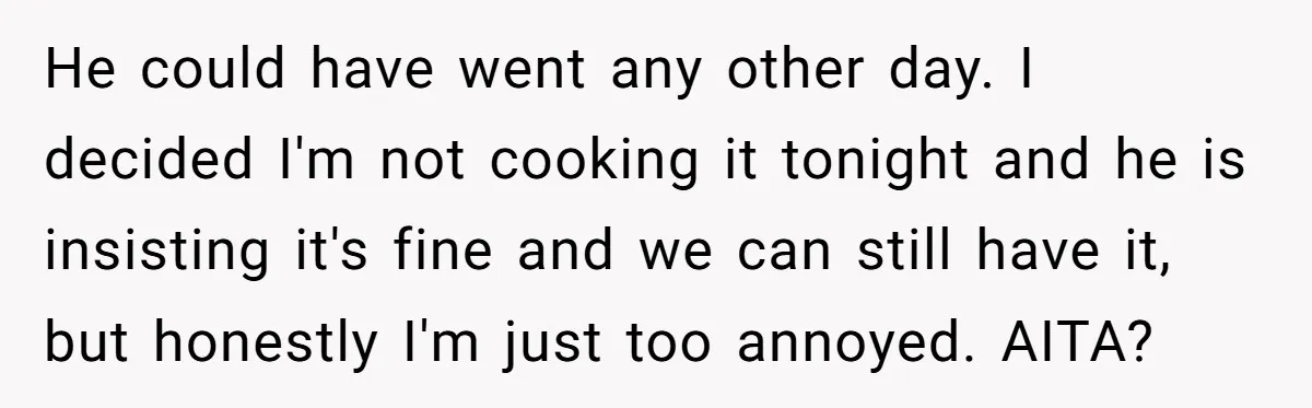 He could have went any other day. I decided I'm not cooking it tonight and he is insisting it's fine and we can still have it, but honestly I'm just...