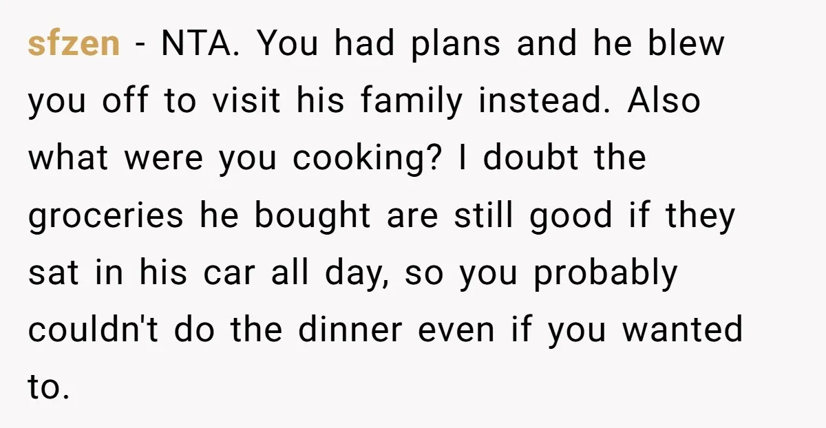 sfzen − NTA. You had plans and he blew you off to visit his family instead. Also what were you cooking? I doubt the groceries he bought are still good...