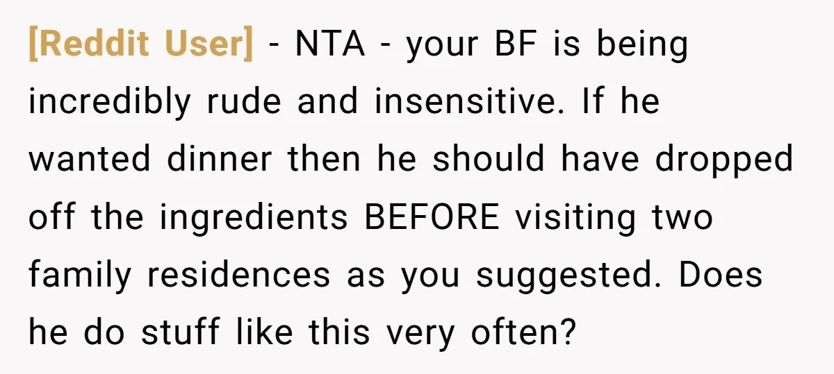 [Reddit User] − NTA - your BF is being incredibly rude and insensitive. If he wanted dinner then he should have dropped off the ingredients BEFORE visiting two family residences...