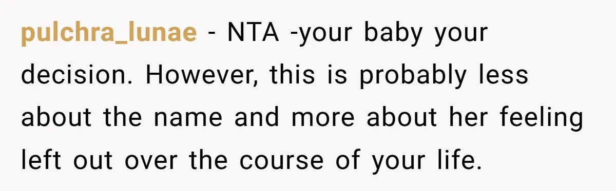 pulchra_lunae − NTA -your baby your decision. However, this is probably less about the name and more about her feeling left out over the course of your life.