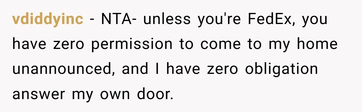 vdiddyinc − NTA- unless you're FedEx, you have zero permission to come to my home unannounced, and I have zero obligation answer my own door.