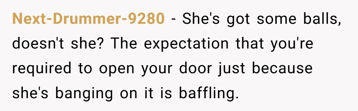 Next-Drummer-9280 − She's got some balls, doesn't she? The expectation that you're required to open your door just because she's banging on it is baffling.