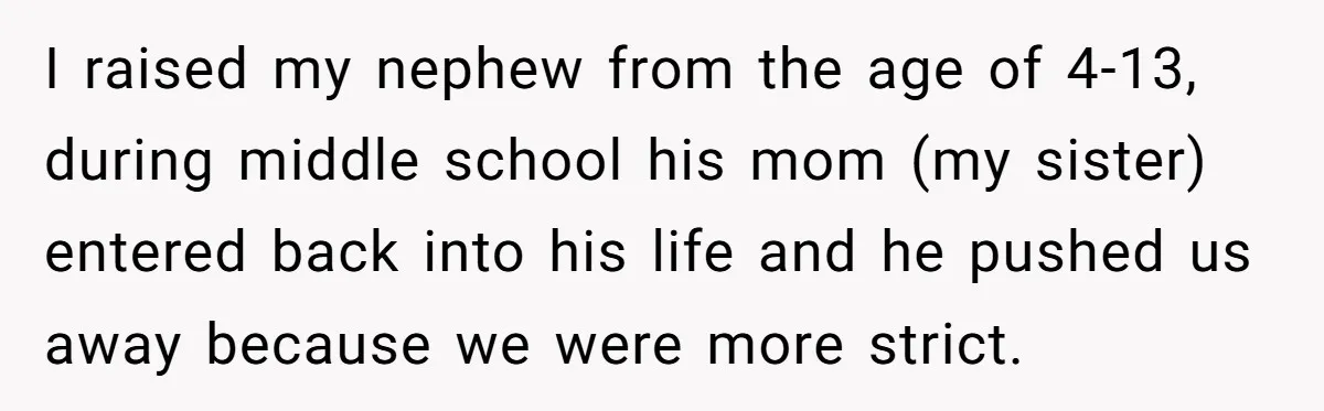 I raised my nephew from the age of 4-13, during middle school his mom (my sister) entered back into his life and he pushed us away because we were more...
