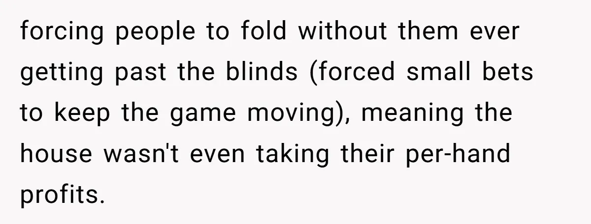 forcing people to fold without them ever getting past the blinds (forced small bets to keep the game moving), meaning the house wasn't even taking their per-hand profits.