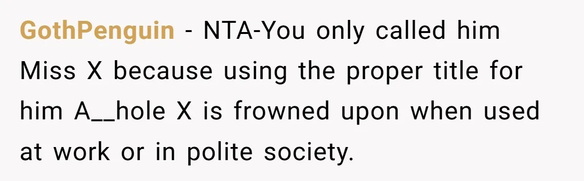 GothPenguin − NTA-You only called him Miss X because using the proper title for him A__hole X is frowned upon when used at work or in polite society.