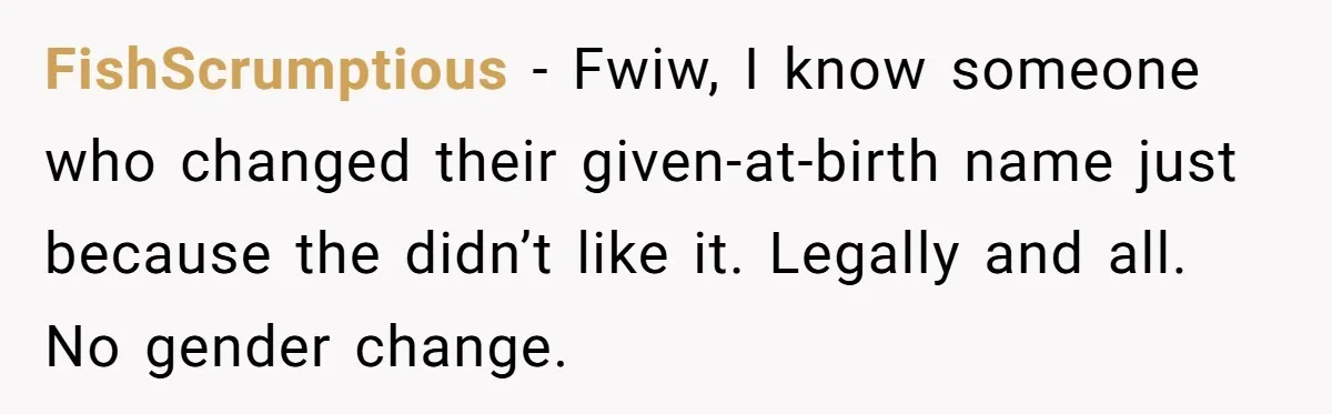 FishScrumptious − Fwiw, I know someone who changed their given-at-birth name just because the didn’t like it. Legally and all. No gender change.