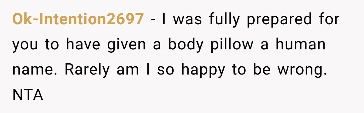Ok-Intention2697 − I was fully prepared for you to have given a body pillow a human name. Rarely am I so happy to be wrong. NTA