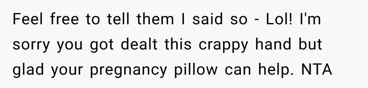 Feel free to tell them I said so - Lol! I'm sorry you got dealt this crappy hand but glad your pregnancy pillow can help. NTA