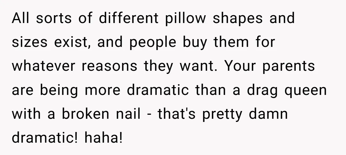 All sorts of different pillow shapes and sizes exist, and people buy them for whatever reasons they want. Your parents are being more dramatic than a drag queen with a...