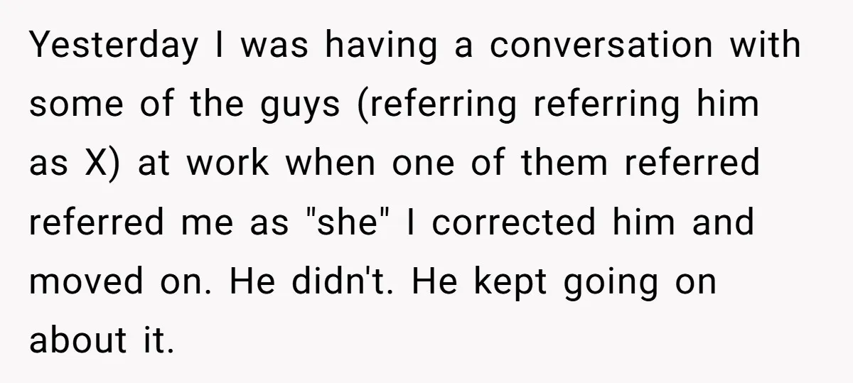Yesterday I was having a conversation with some of the guys (referring referring him as X) at work when one of them referred referred me as "she" I corrected him...