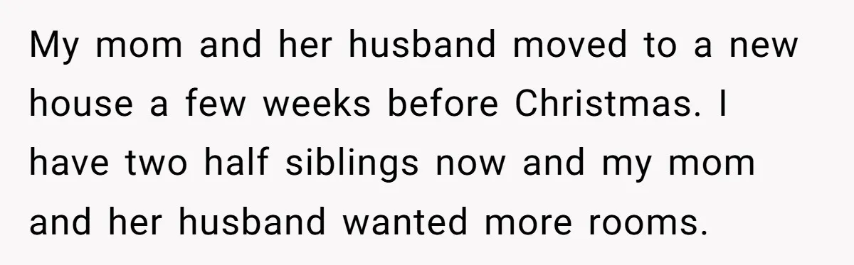 My mom and her husband moved to a new house a few weeks before Christmas. I have two half siblings now and my mom and her husband wanted more rooms.