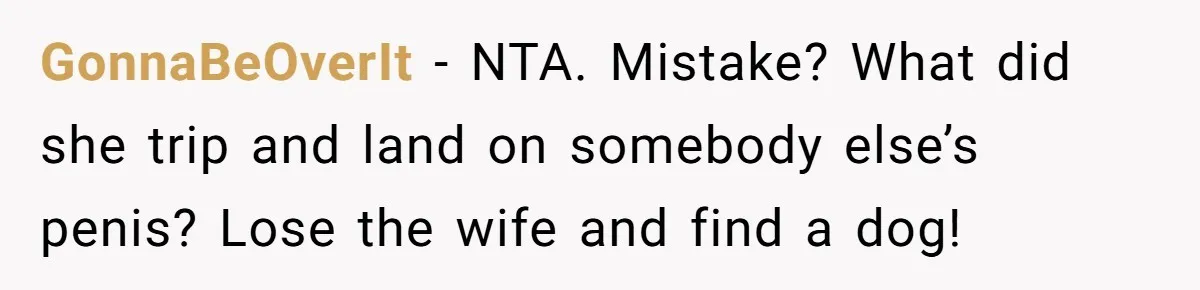 GonnaBeOverIt − NTA. Mistake? What did she trip and land on somebody else’s penis? Lose the wife and find a dog!