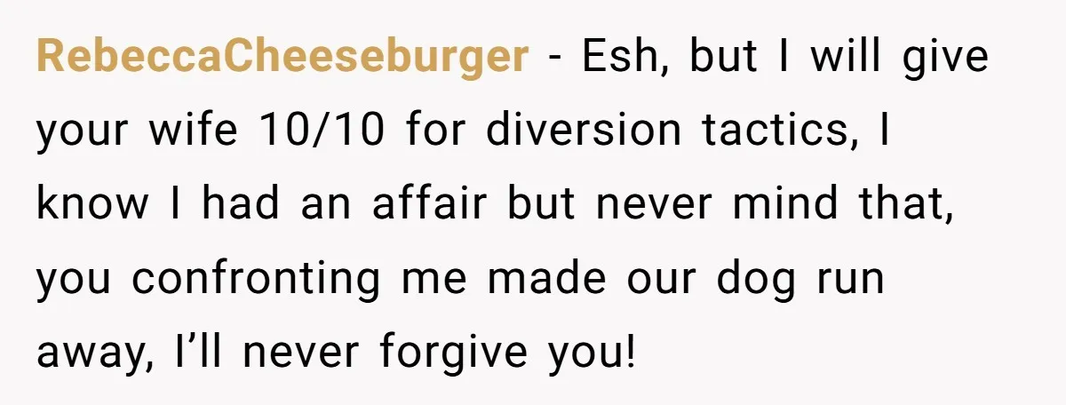 RebeccaCheeseburger − Esh, but I will give your wife 10/10 for diversion tactics, I know I had an affair but never mind that, you confronting me made our dog run...