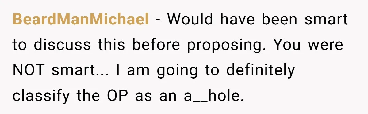 BeardManMichael − Would have been smart to discuss this before proposing. You were NOT smart... I am going to definitely classify the OP as an a__hole.