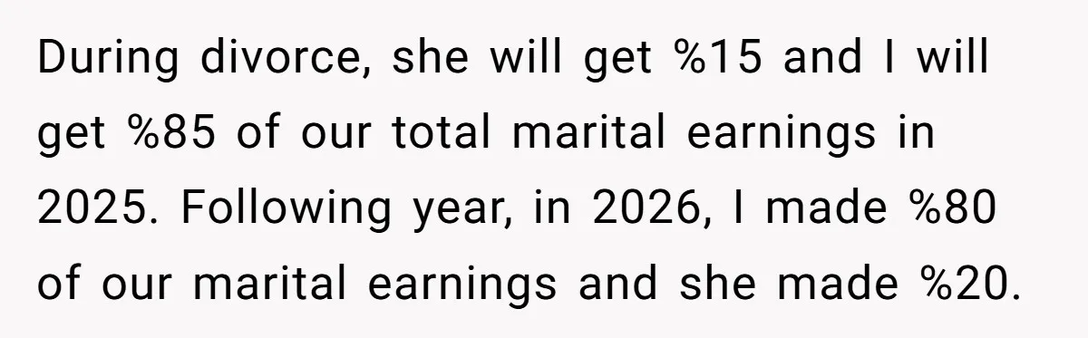 During divorce, she will get %15 and I will get %85 of our total marital earnings in 2025. Following year, in 2026, I made %80 of our marital earnings and...