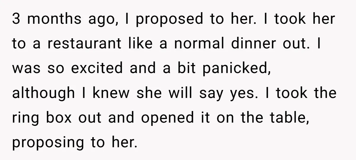 3 months ago, I proposed to her. I took her to a restaurant like a normal dinner out. I was so excited and a bit panicked, although I knew she...