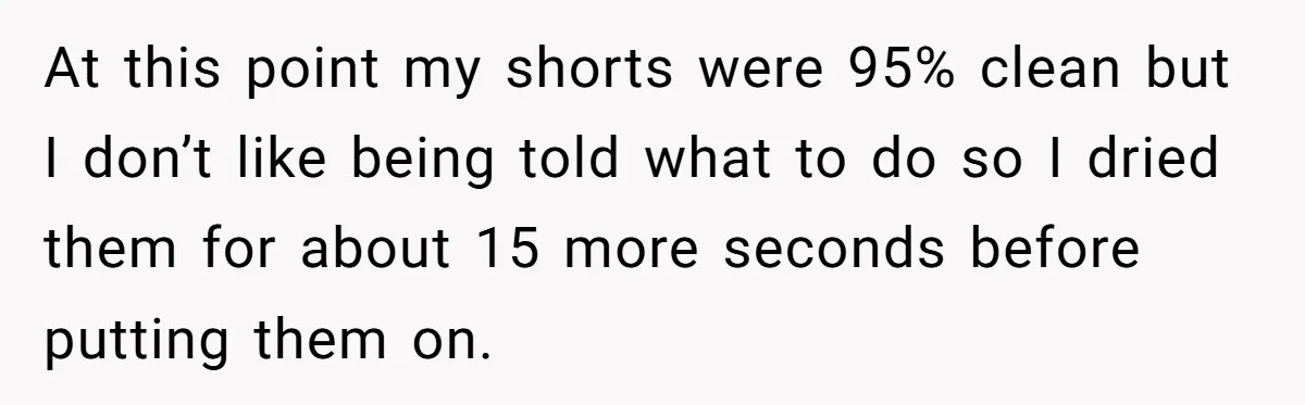 At this point my shorts were 95% clean but I don’t like being told what to do so I dried them for about 15 more seconds before putting them on.