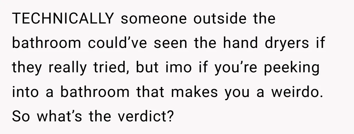 TECHNICALLY someone outside the bathroom could’ve seen the hand dryers if they really tried, but imo if you’re peeking into a bathroom that makes you a weirdo. So what’s the...