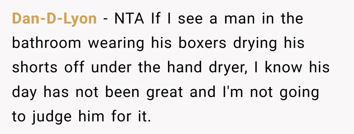 Dan-D-Lyon − NTA If I see a man in the bathroom wearing his boxers drying his shorts off under the hand dryer, I know his day has not been great...