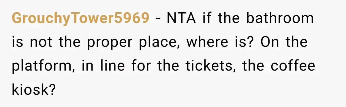 GrouchyTower5969 − NTA if the bathroom is not the proper place, where is? On the platform, in line for the tickets, the coffee kiosk?