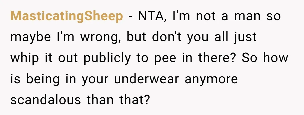 MasticatingSheep − NTA, I'm not a man so maybe I'm wrong, but don't you all just whip it out publicly to pee in there? So how is being in your...