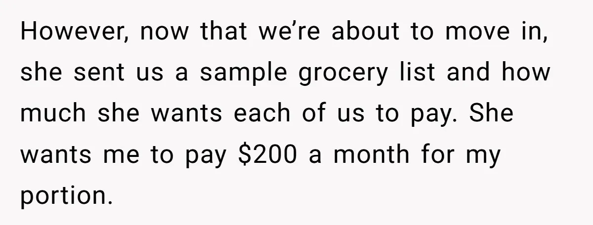 However, now that we’re about to move in, she sent us a sample grocery list and how much she wants each of us to pay. She wants me to pay...