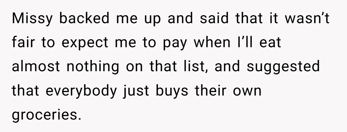 Missy backed me up and said that it wasn’t fair to expect me to pay when I’ll eat almost nothing on that list, and suggested that everybody just buys their...