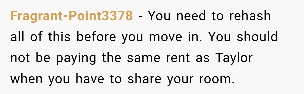 Fragrant-Point3378 − You need to rehash all of this before you move in. You should not be paying the same rent as Taylor when you have to share your room.
