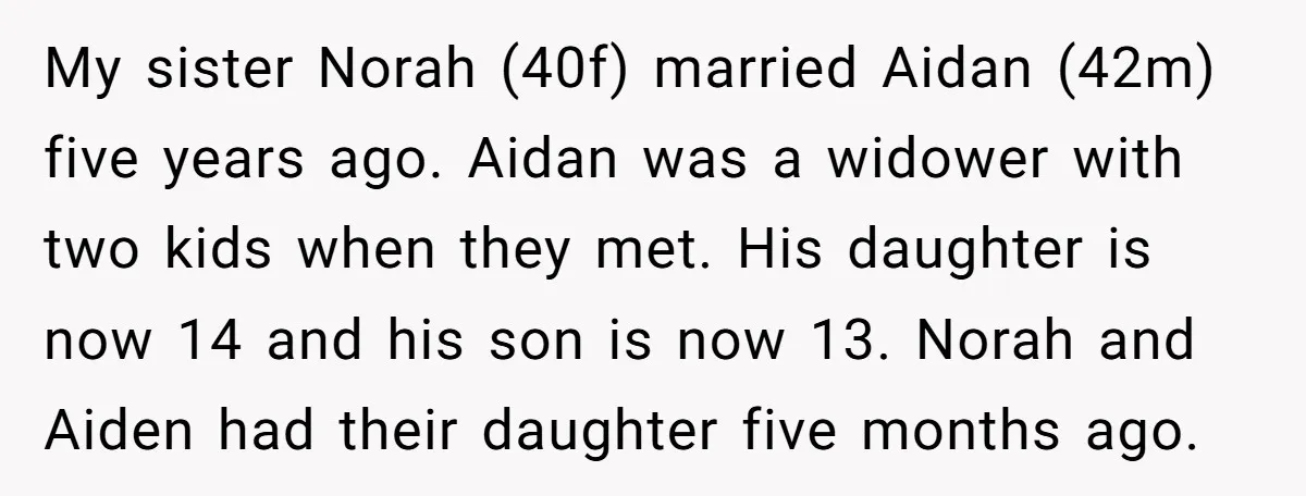 My sister Norah (40f) married Aidan (42m) five years ago. Aidan was a widower with two kids when they met. His daughter is now 14 and his son is now...