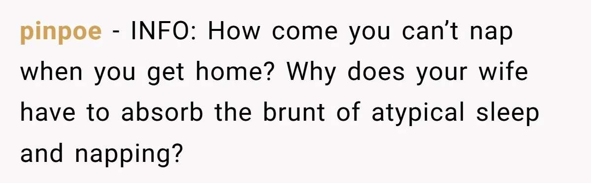 pinpoe − INFO: How come you can’t nap when you get home? Why does your wife have to absorb the brunt of atypical sleep and napping?