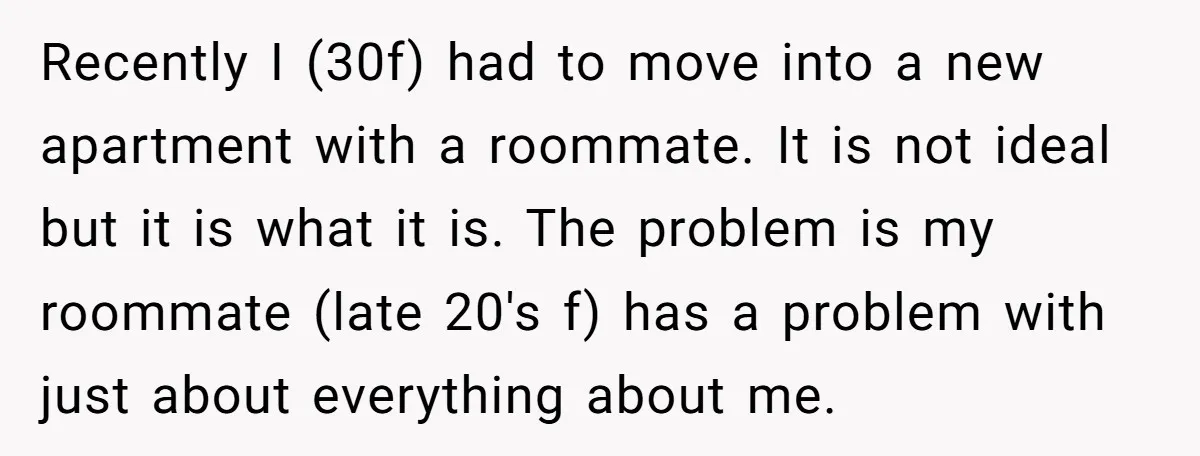 Recently I (30f) had to move into a new apartment with a roommate. It is not ideal but it is what it is. The problem is my roommate (late 20's...