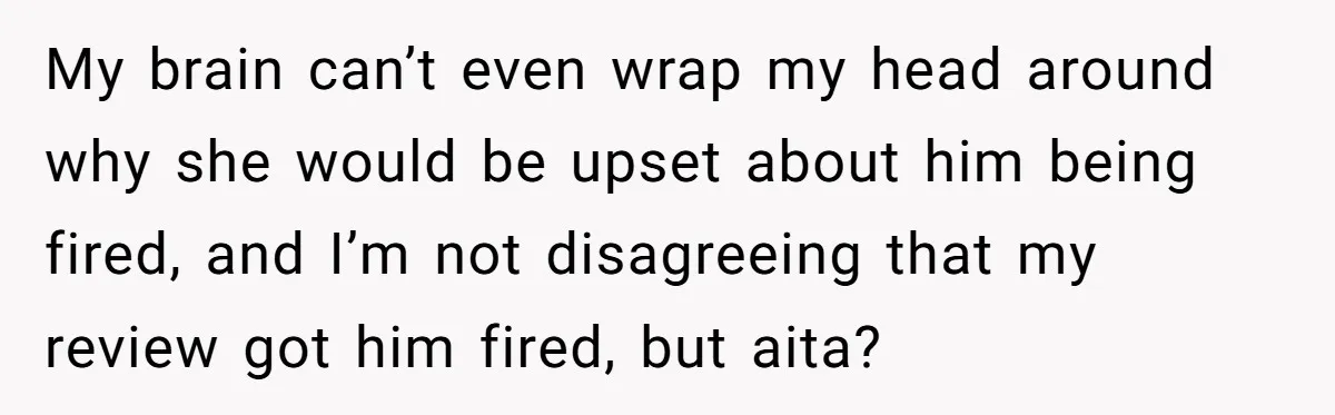 My brain can’t even wrap my head around why she would be upset about him being fired, and I’m not disagreeing that my review got him fired, but aita?